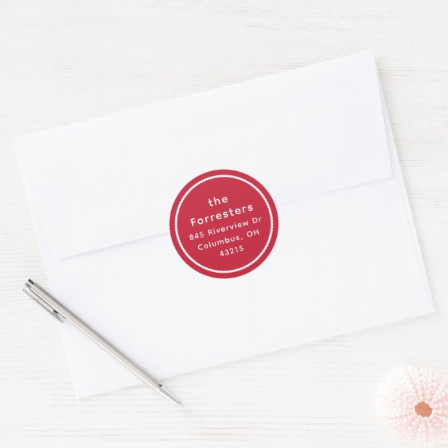 Simple red white holiday return address classic round sticker (Envelope)