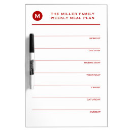 Simple Red &amp; White Monogram Family Meal Planner Dry Erase Board