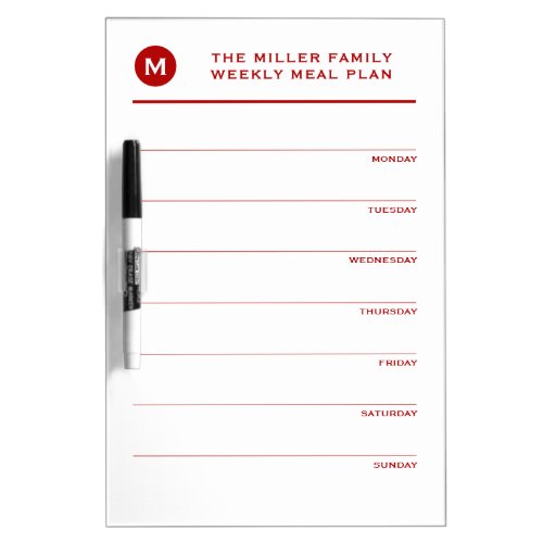 Simple Red  White Monogram Family Meal Planner Dry Erase Board