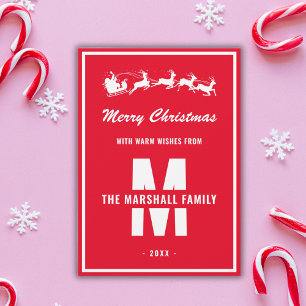 Simple Red White Monogram Family Name Christmas Holiday Card