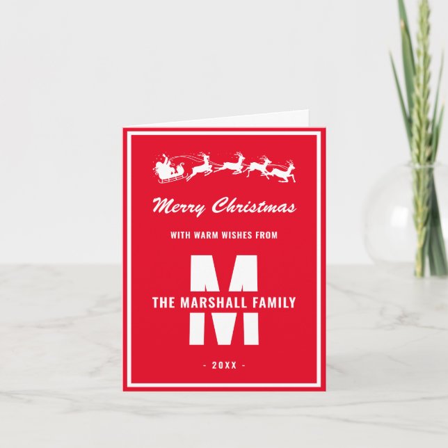 Simple Red White Monogram Family Name Christmas Holiday Card (Front)
