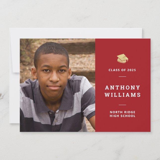 Simple Red & White Photo Graduation Invitation (Front)