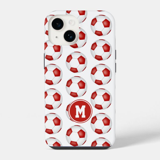 simple red white soccer balls pattern monogrammed iphone case (Back)