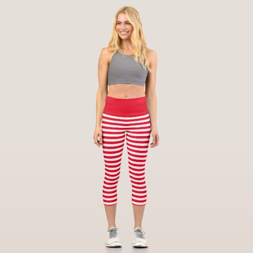 Simple Red White Stripe Pattern Capri Leggings