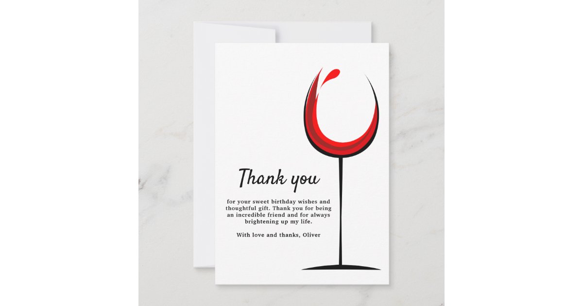 Simple Red Wine Glass Birthday Thank You Card | Zazzle