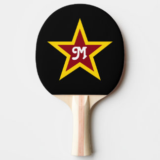 Simple Red & Yellow Star Custom Monogram on Black Ping-Pong Paddle