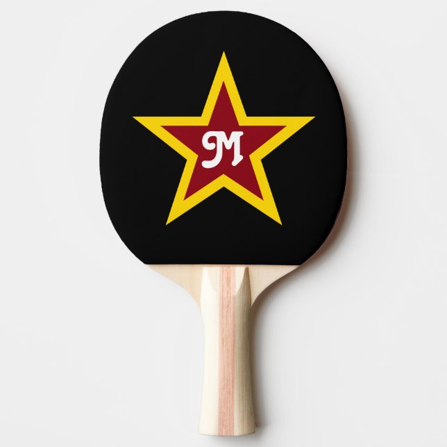 Simple Red & Yellow Star Custom Monogram on Black Ping-Pong Paddle (Front)