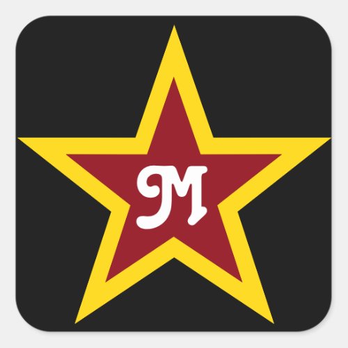 Simple Red  Yellow Star Custom Monogram on Black Square Sticker