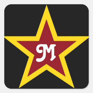 Simple Red & Yellow Star Custom Monogram on Black Square Sticker