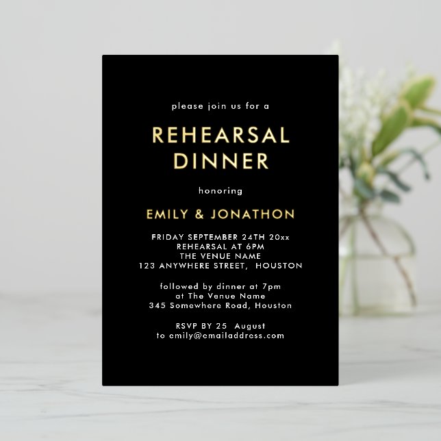 Simple Rehearsal Dinner Black Gold Real  Foil Invitation (Standing Front)