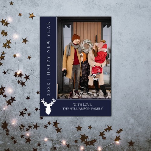 Simple Reindeer New Years Photo Card  Blue