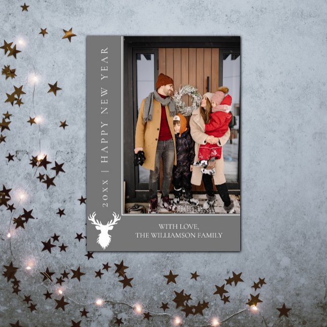 Simple Reindeer New Year's Photo Card | Gray (Simple Reindeer New Years Photo Card - Gray)
