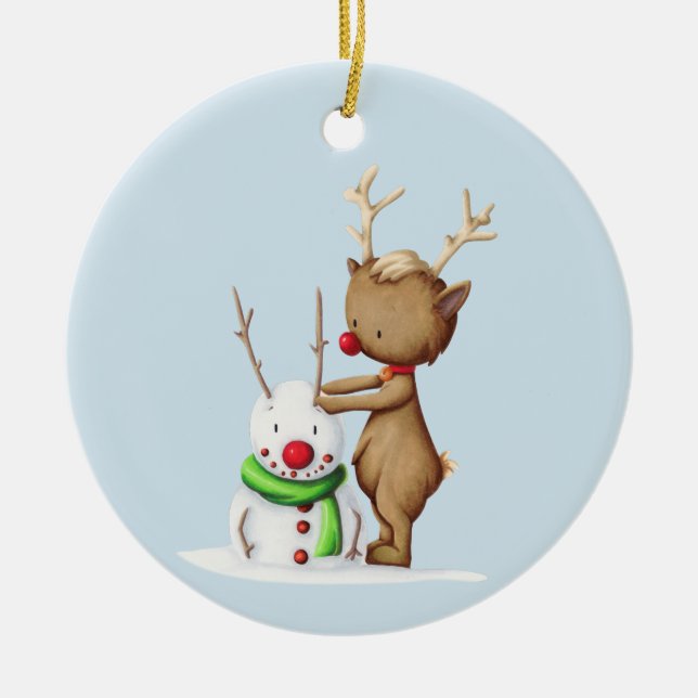 Simple Reindeer Snowman Christmas Ceramic Ornament (Front)