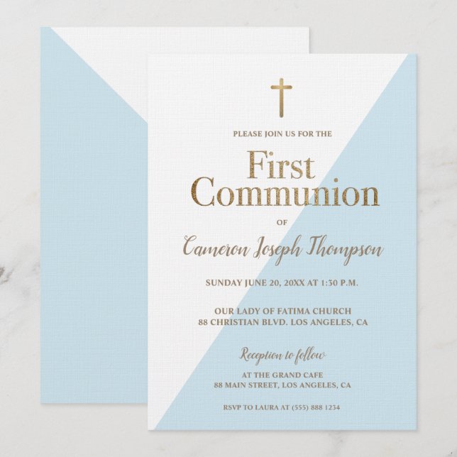 SImple Religious Gold Blue First Holy Communion Invitation (Front/Back)