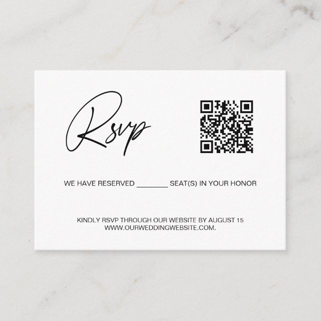Simple reserved seat QR CODE rsvp wedding website Enclosure Card (Front)