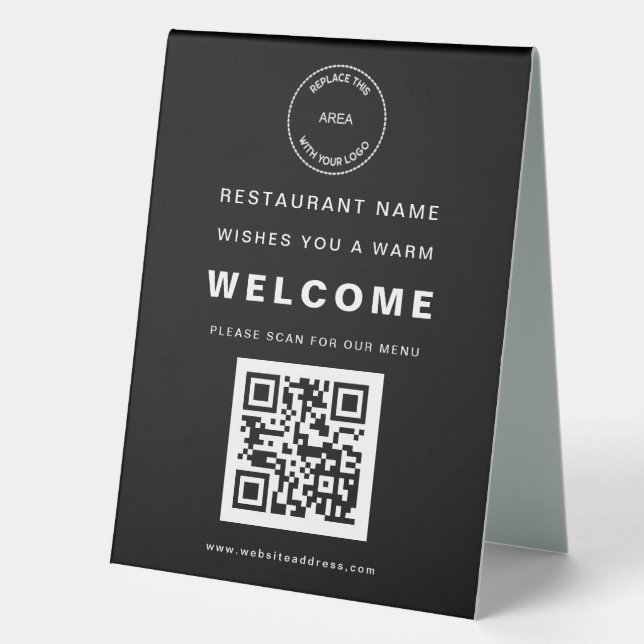 Simple Restaurant Logo Menu QR Code Welcome Black Table Tent (Front)