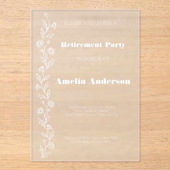 Simple  retirement doodle daisy white acrylic invitations (Front)
