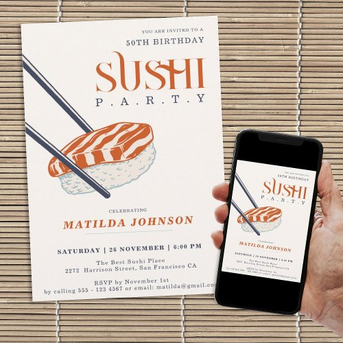Simple Retro 50th Birthday Sushi Party  Invitation