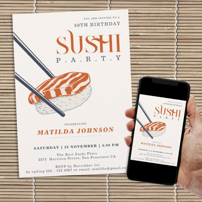 Simple Retro 50th Birthday Sushi Party  Invitation (Simple Retro 50th Birthday Sushi Party Invitation)
