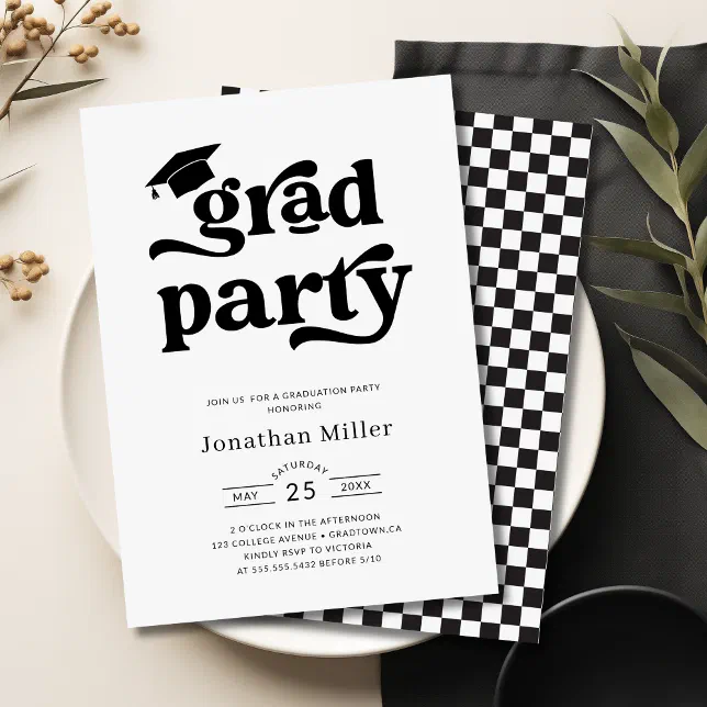 Simple Retro Black and White Graduation Party Invitation | Zazzle