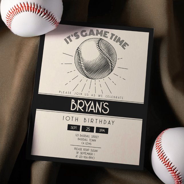 Simple Retro Black Baseball Budget Birthday Invite (Creator Uploaded)