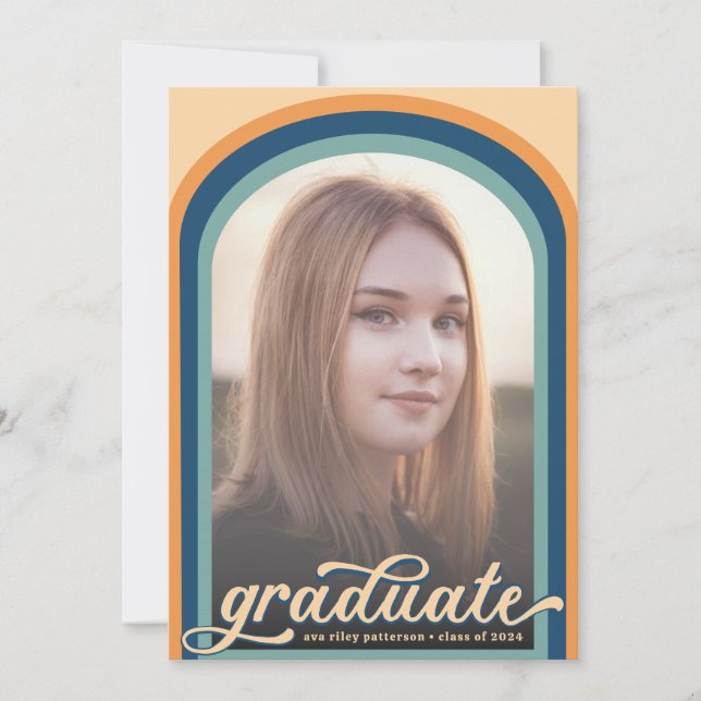 Simple Retro Blue Arch Photo Graduate Party Invitation (Front)