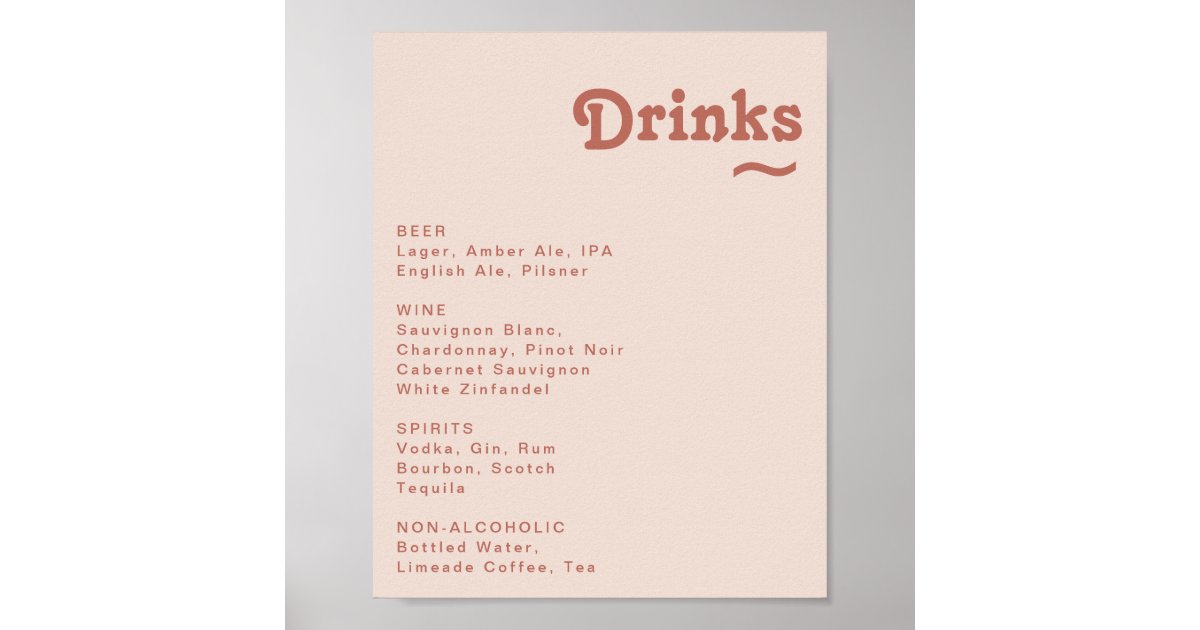 Simple Retro Blush Pink Wedding Drinks Menu Sign Zazzle