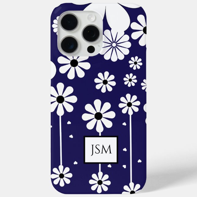 Simple Retro Boho Navy Blue and White Daisy Flower Case-Mate iPhone Case (Back)
