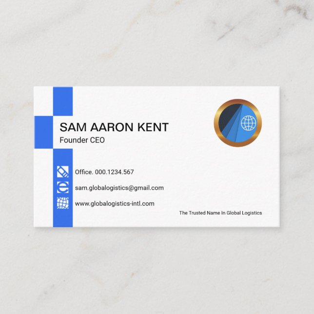 Simple Retro Bright Blue Stripe Icons Founder CEO Business Card (Front)