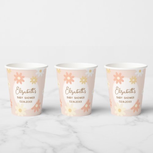 Simple Retro Chic Daisy Boho Girl Baby Shower Paper Cups