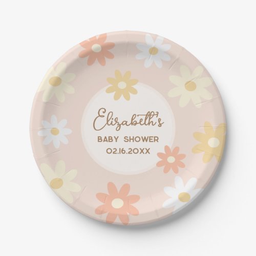 Simple Retro Chic Daisy Boho Girl Baby Shower Paper Plates