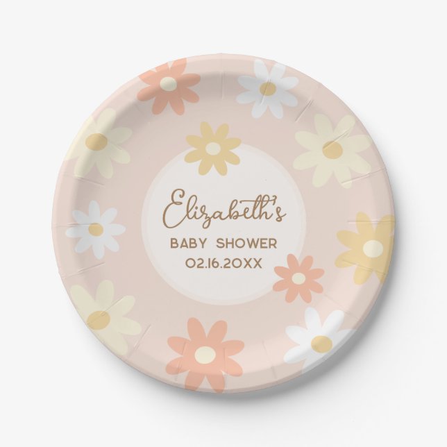 Simple Retro Chic Daisy Boho Girl Baby Shower Paper Plates (Front)