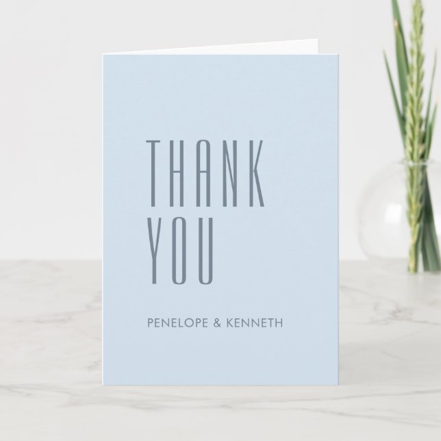 Simple Retro Custom Names Wedding Solid Soft Blue Thank You Card (Front)