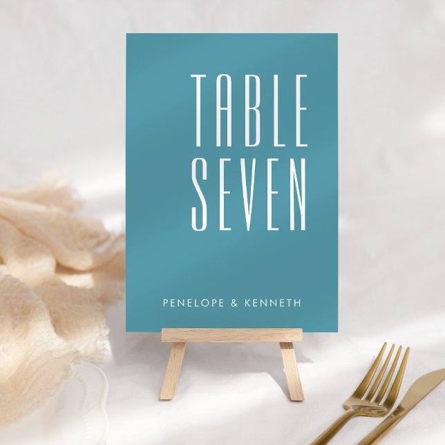 Simple Retro Custom Names Wedding Teal Blue Table Number (Creator Uploaded)