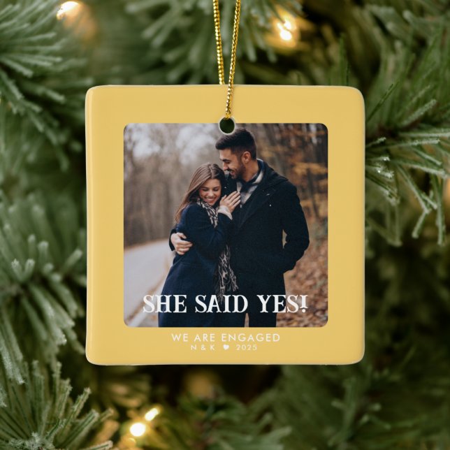 Simple Retro First Christmas Engaged Custom Photo Ceramic Ornament (Tree)