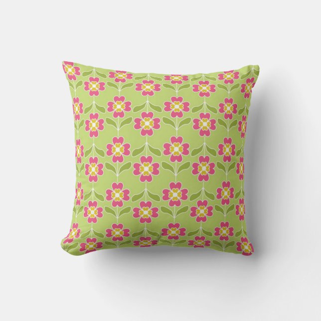 Simple Retro Floral Pattern Pink Flowers On Lime Throw Pillow (Front)