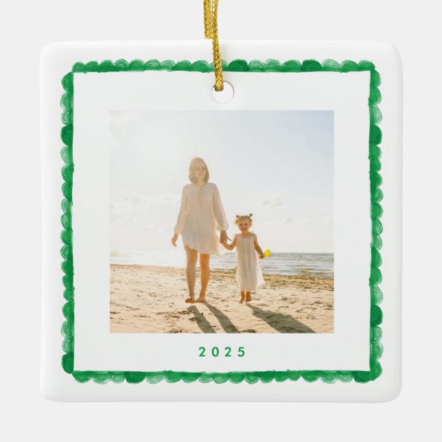 simple retro green frame photo square christmas ceramic ornament (Front)