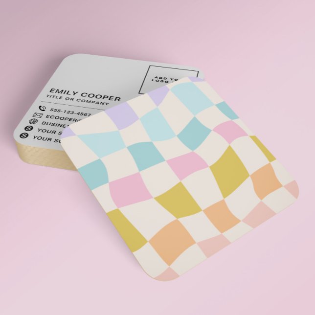 Simple Retro Groovy Checker Checkerboard Your Logo Square Business Card (Creator Uploaded)