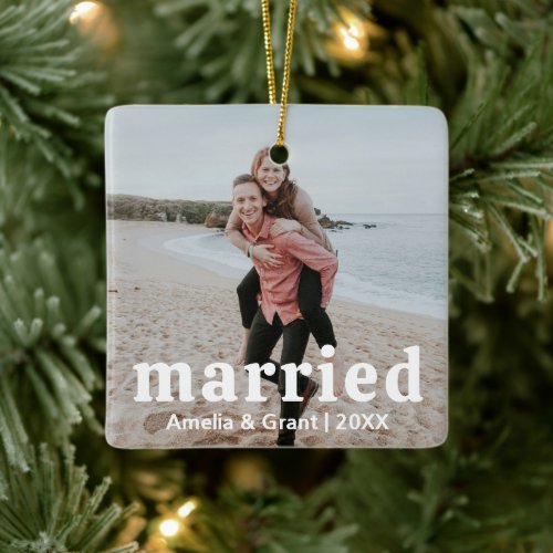 Simple Retro Groovy Wedding Photo Modern Newlywed Ceramic Ornament