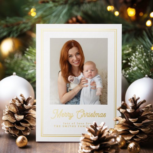 Simple Retro Merry Christmas Script Family Photo Foil Holiday Card