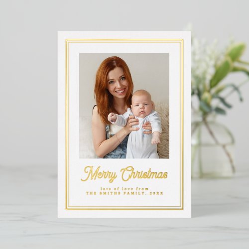 Simple Retro Merry Christmas Script Family Photo Foil Holiday Card