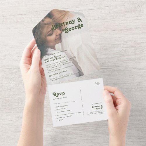 Simple Retro Olive Green Faded Photo Seal and Send All In One Invitation