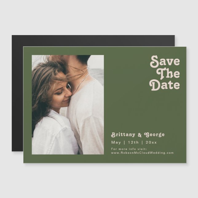 Simple Retro Olive Green Horizontal Save The Date Magnetic Invitation (Front/Back)