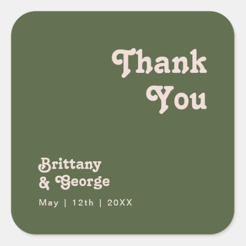 Simple Retro  Olive Green Thank You Wedding Favor Square Sticker