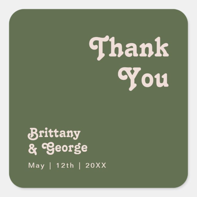 Simple Retro | Olive Green Thank You Wedding Favor Square Sticker (Front)