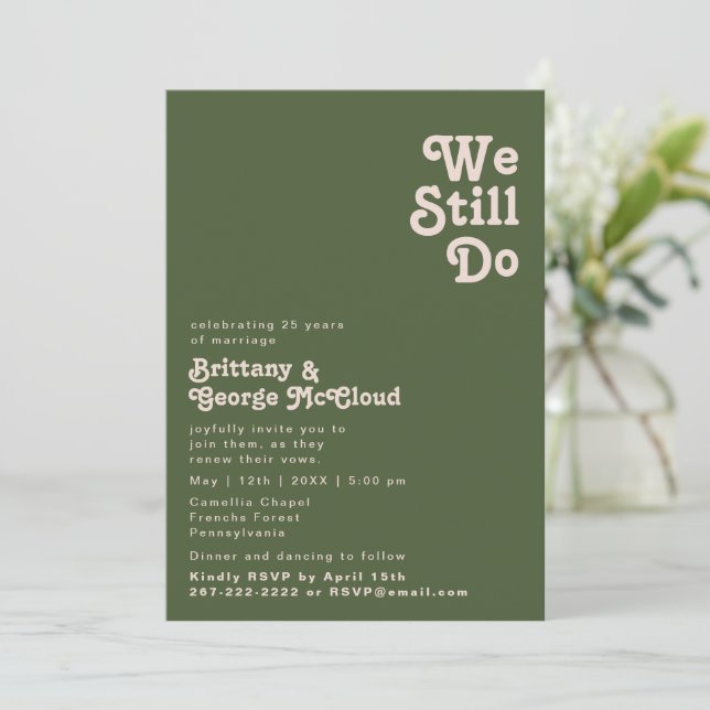 Simple Retro | Olive Green We Still Do Vow Renewal Invitation (Standing Front)