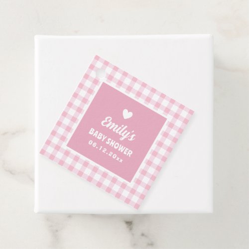Simple Retro Pastel Pink Gingham Girl Baby Shower Favor Tags