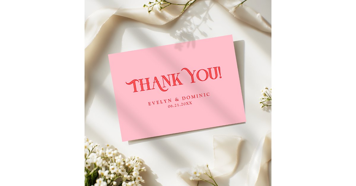 Simple Retro Pink and Red Modern Wedding Thank You Card | Zazzle