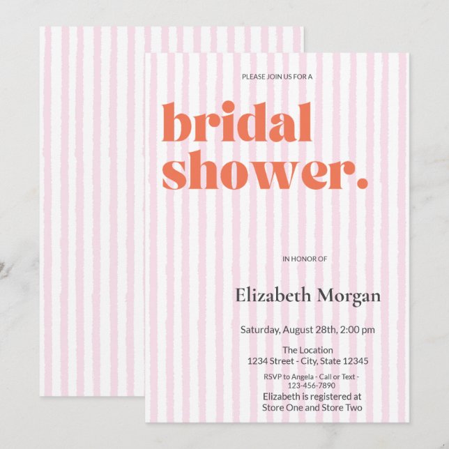 Simple Retro Pink Stripes Bridal Shower Invitation (Front/Back)
