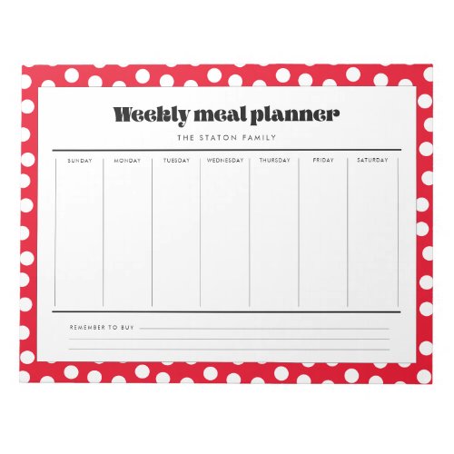 Simple retro polka dot weekly meal planner notepad